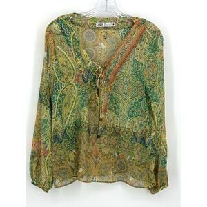 NWOT Zara Women’s L Paisley Sheer Metallic Peasant Blouse Green Boho Lace Up Top